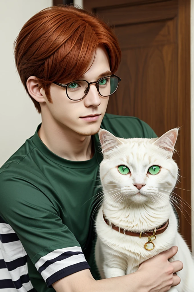 anime, redhead boy, gold eyes, estilo mystic Messenger, green shirt, stylish brown striped glasses, pet white cat
