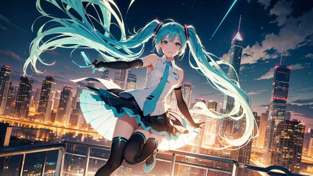 This painting depicts a scene from a city rooftop dance event featuring Hatsune Miku.。With the night view in the background、She performs energetically on the rooftop。The stage lights illuminated her futuristic outfit.、It blends in with the lights of the surrounding buildings.