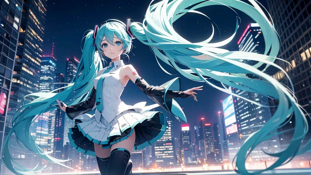 This painting depicts a scene from a city rooftop dance event featuring Hatsune Miku.。With the night view in the background、She performs energetically on the rooftop。The stage lights illuminated her futuristic outfit.、It blends in with the lights of the surrounding buildings.