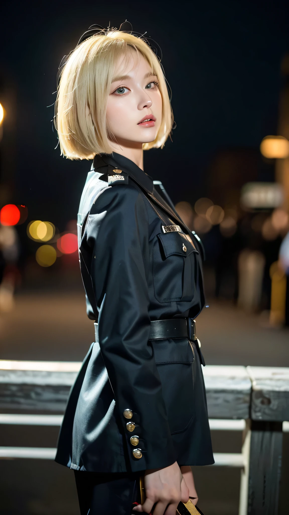 ((Best Quality, 8k, Masterpiece: 1.3)), Focus Sharp: 1.2, Outstanding Beauty: 1.4, (((Blonde, Big: 1.2)), police uniform: 1.1, (Night City, Street: 1.1), bob cut hairstyles, Highly Detailed Face and Skin Texture, Detailed Eyes, Double Eyelids