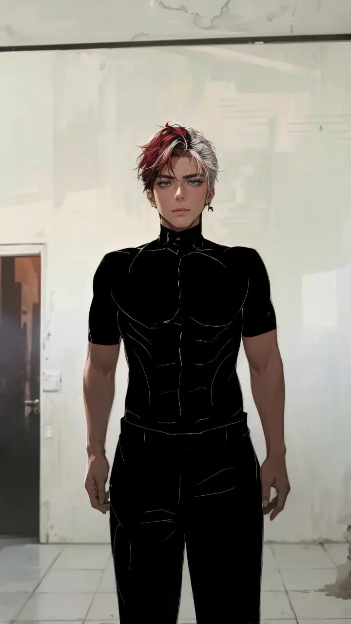 (masterpiece, best quality, highres, ultra-detailed), 1man, male focus, spiky black hair, grey eyes, handsome, detailed eyes and face, male body, earrings, ear piercing, unbuttoned black blazer, white shirt, trousers, bare collarbones, chain necklace, city slums background, by amano akira, full body, cigarette, cigarette smoke, guy smoking,1guy, masterpiece