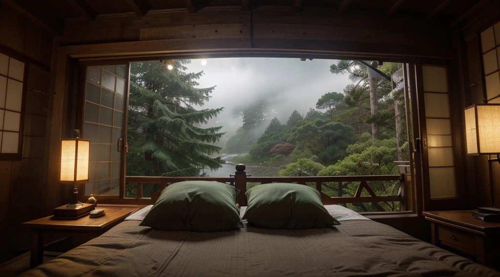 Beyond the bottom bed of the side view screen,the view outside the door is full of screens, and on the front, a cozy bed is close-up on the side. Outdoor scenery that occupies the entire screen A small wooden table under the bed holds a glowing lamp. The warm light contrasts with the cool colors outside.japan , ultra detailed bedroom, There are pots on the table, adding a little green color. It's an outdoor wooden boat wet, heavy fog, wet, deep forest, Beyond the fully open balcony, you can see traditional Japanese houses through dense leaves. Their silhouettes are gently illuminated by the ambient light. Dark and cloudy skies suggest evening or cloudy days. prodigious amounts of information, realistic, HD, clear, high resolution, ultra wide shot, depth of field, bokeh, cinematic atmosphere., Macro photography, close-up, hyper detailed, trending on artstation, sharp focus, studio photo, intricate details, highly detailed, modern japanese bedroom, small rivers, rock, dark night, dark, 