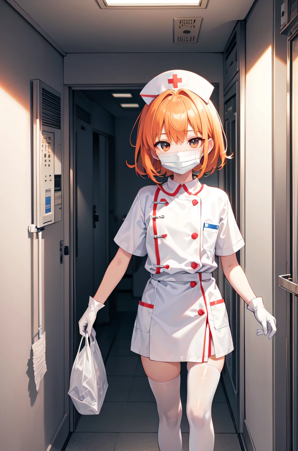 1boy, solo, male focus, nurse, white nurse cap, white nurse uniform, ((white legwear, zettai ryouiki)), white gloves, short hair, orange hair, ((white surgical mask, covered nose)), standing, ((hospital room)), sharp outline, short sleeves, shota, 12 years old, best quality, masterpiece