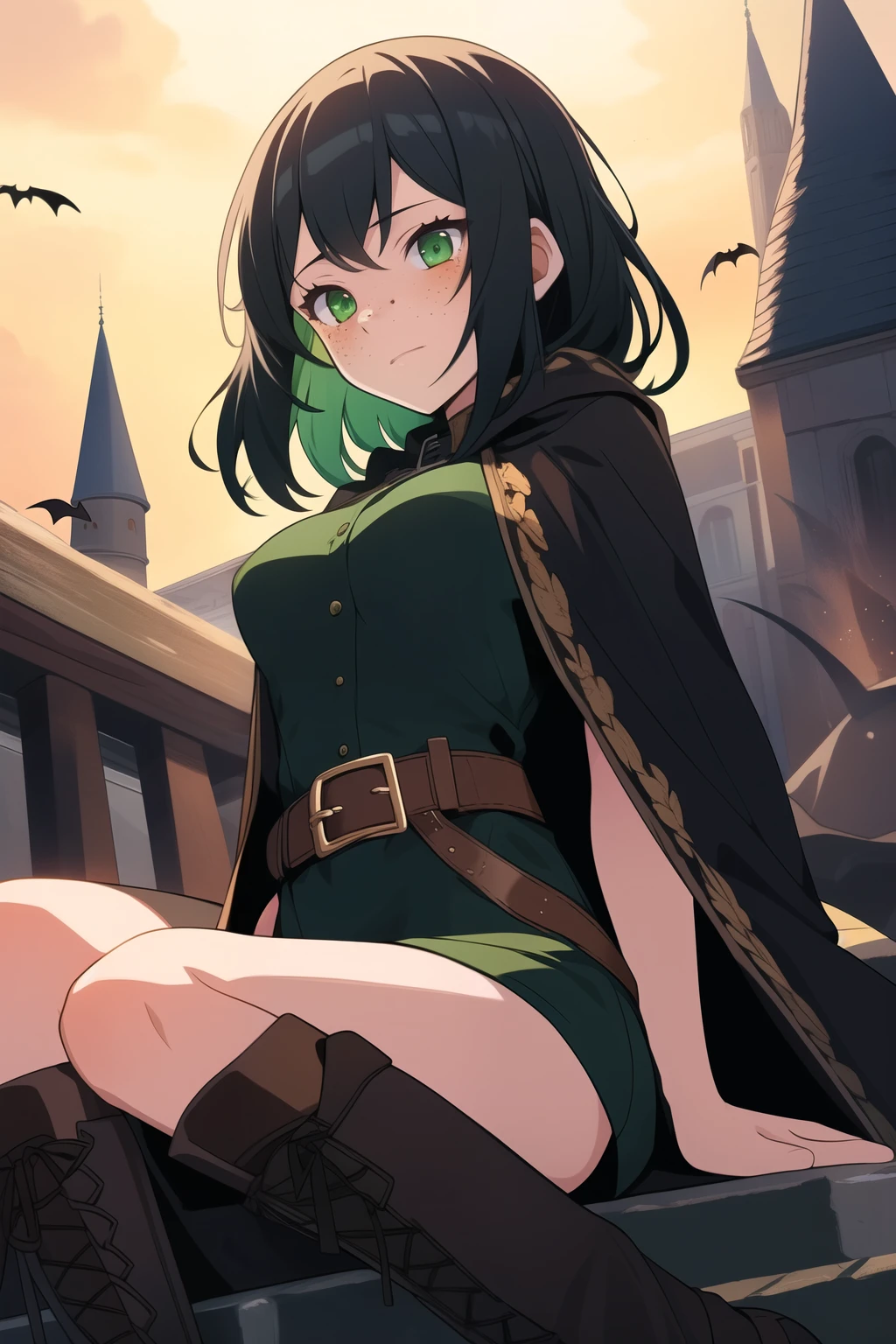 ((best quality)), ((masterpiece)), (detailed), 1girl, 2-D illustration, vampire hunter, black cloak, green eyes, black hair short, freckles, black boots, green short dress, brown belt, black combat boots