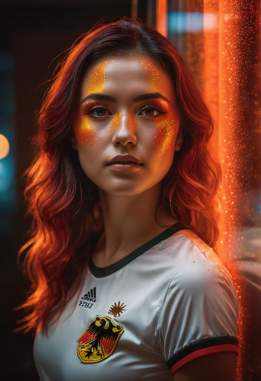 full portrait unique photography with light and painting. Using german flag painting colors to form pointillism that are implemented on the cute japanese women face, she is wearing Germany football shirt, dynamic pose, The Face behind a reflected Glass, glow in the dark, german flag colors lensflare effect, dynamic macro portrait shot, Ultra highly detailed, realistic skin, red and orange neon color glow backround, Realistic Portrait by Arnau Mas