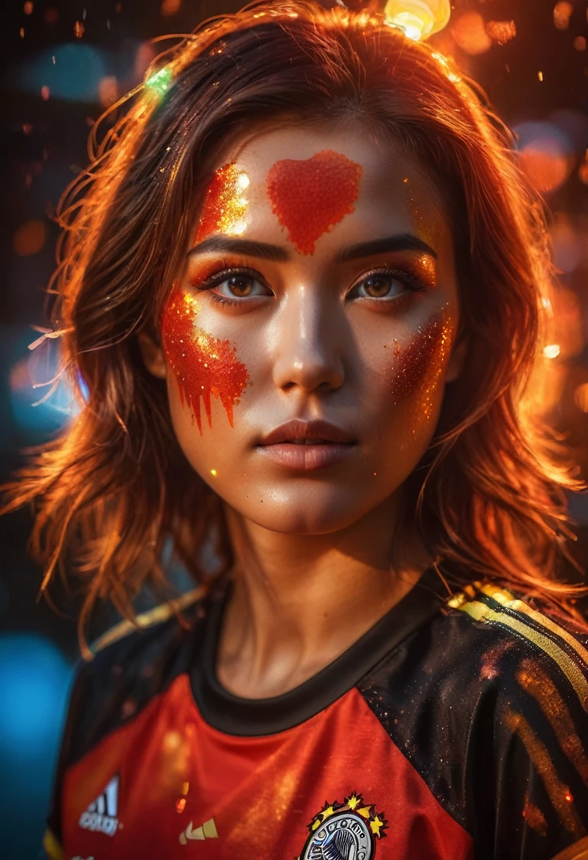full portrait unique photography with light and painting. Using german flag painting colors to form pointillism that are implemented on the cute japanese women face, she is wearing Germany football shirt, dynamic pose, The Face behind a reflected Glass, glow in the dark, german flag colors lensflare effect, dynamic macro portrait shot, Ultra highly detailed, realistic skin, red and orange neon color glow backround, Realistic Portrait by Arnau Mas