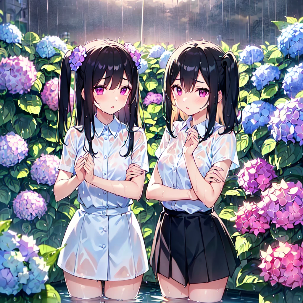 MASTERPIECE, best quality, high quality, extremely detailed, very delicate and beautiful, (2female 18 years old: 1.5), (long black hair, two-side up to waist: 1.4), fringes to eyebrows, eyes. (eyes sharp, strong glossy glossy eyes, eyebrows glossy, (eye colour magenta: 1.3), 6.5 head tall, (wet shirt: 1.3), skirt, knee socks, lace, (melancholy expression), (standing), (hands folded), (dynamic pose), (background hydrangea garden: 1.3), (rainy night: 1.3), (upper body:1.3),