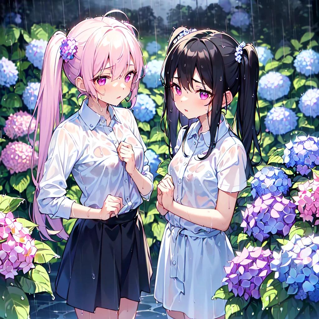 MASTERPIECE, best quality, high quality, extremely detailed, very delicate and beautiful, (2female 18 years old: 1.5), (long black hair, two-side up to waist: 1.4), fringes to eyebrows, eyes. (eyes sharp, strong glossy glossy eyes, eyebrows glossy, (eye colour magenta: 1.3), 6.5 head tall, (wet shirt: 1.3), skirt, knee socks, lace, (melancholy expression), (standing), (hands folded), (dynamic pose), (background hydrangea garden: 1.3), (rainy night: 1.3), (upper body:1.3),