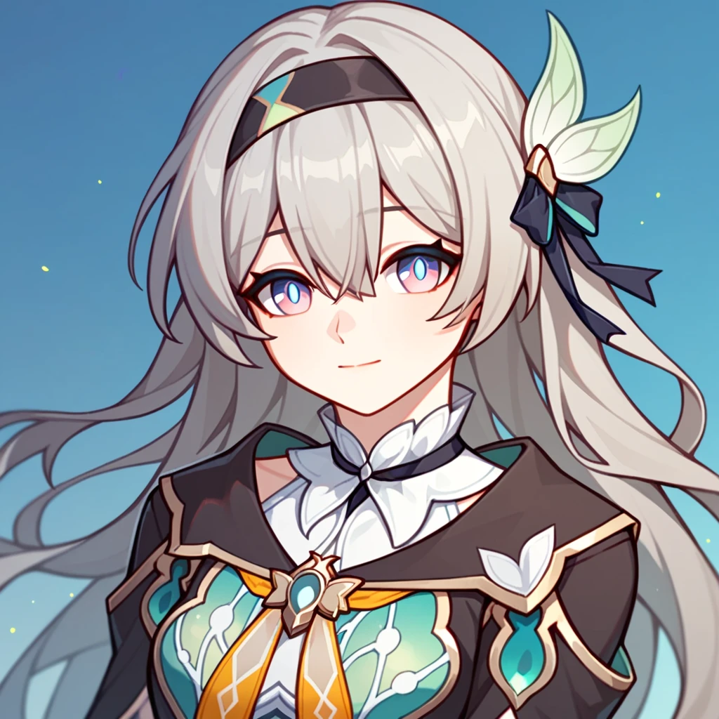 firefly_\(honkai:_star_rail\), 1girl, black_hairband, grey_hair, long_hair, purple_eyes, black_jacket, long_sleeves, hair_between_eyes, white_shirt, very_long_hair