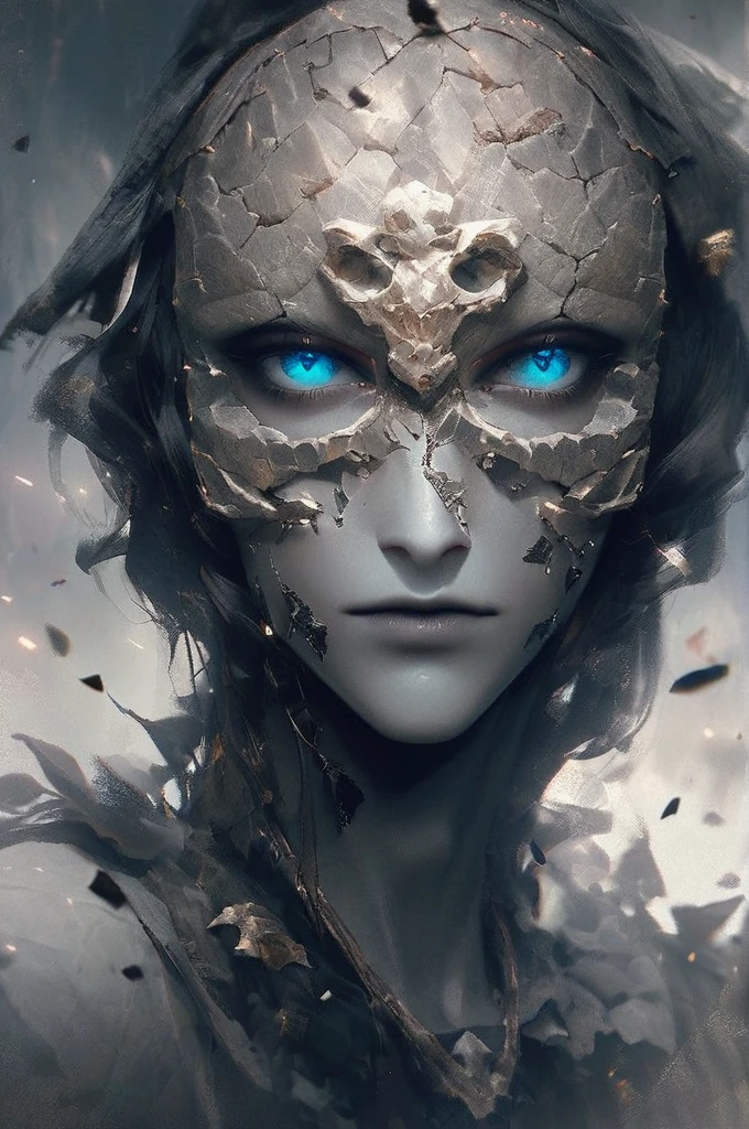 ((Лучшее качество)), ((шедевр)), (подробный), a guy in a stone mask with bright blue eyes with gray skin color and the skin is covered with dark blue cracks