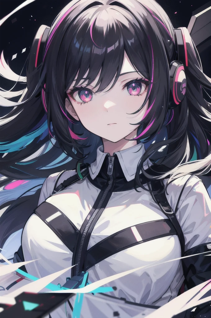 1girl, expressive hair, night city, multicolored eyes, black hair, headphones, multicolored eyes, reflection light, anime, ray tracing, masterpiece, super detail, high details, high quality, award winning, best quality, 16k, UHD
