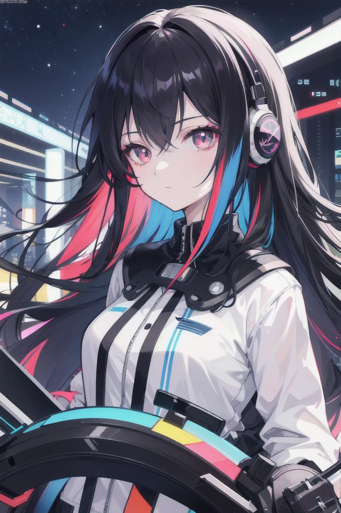 1girl, expressive hair, night city, multicolored eyes, black hair, headphones, multicolored eyes, reflection light, anime, ray tracing, masterpiece, super detail, high details, high quality, award winning, best quality, 16k, UHD