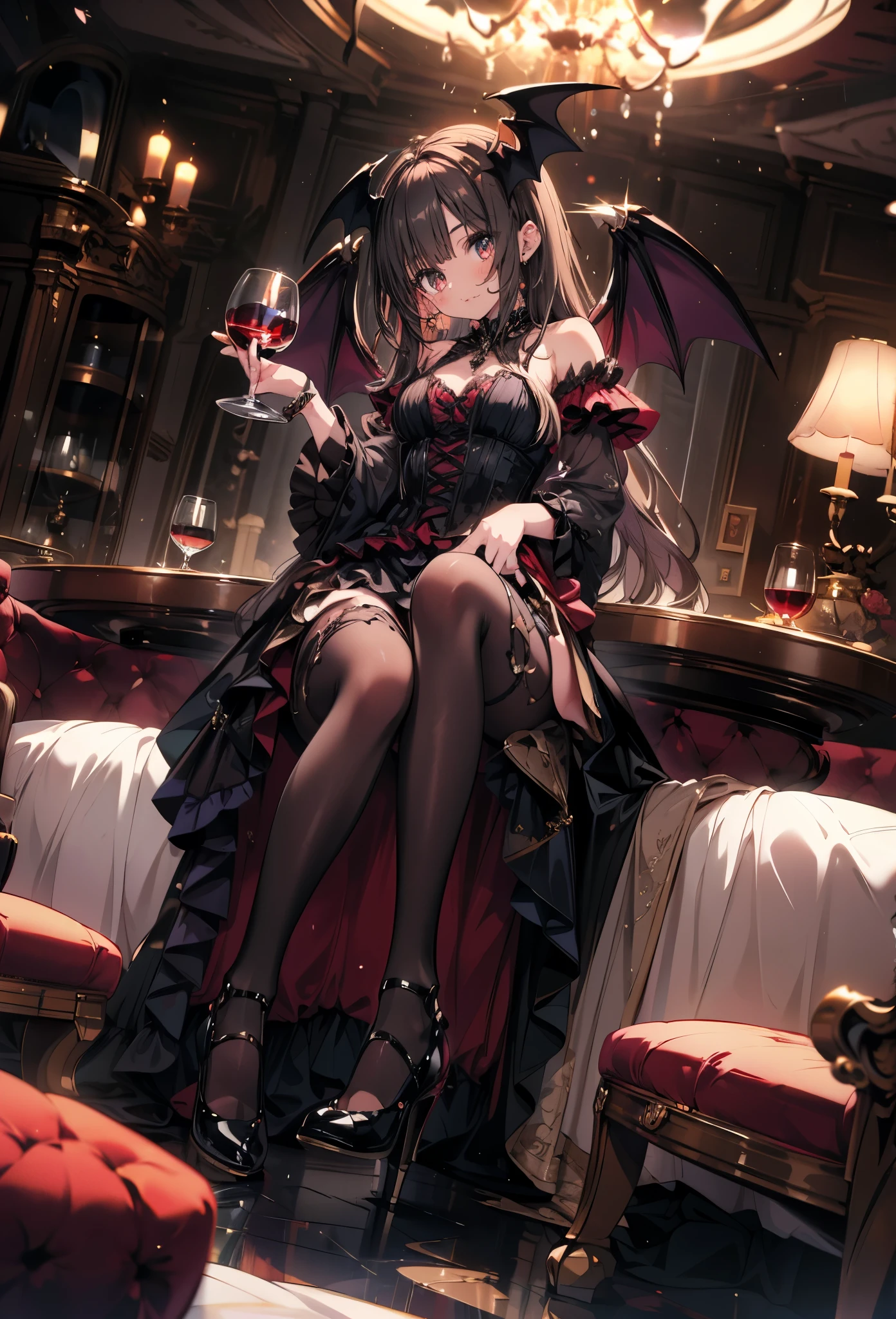 masterpiece, best quality, high resolution, extremely detailed CG, absurdres, highres, 1girl, solo, a vampire girl in gothic costume, sat at a round table with a brandy glass filled with red wine, bat_wings on head, heels, frills, luxury hall
