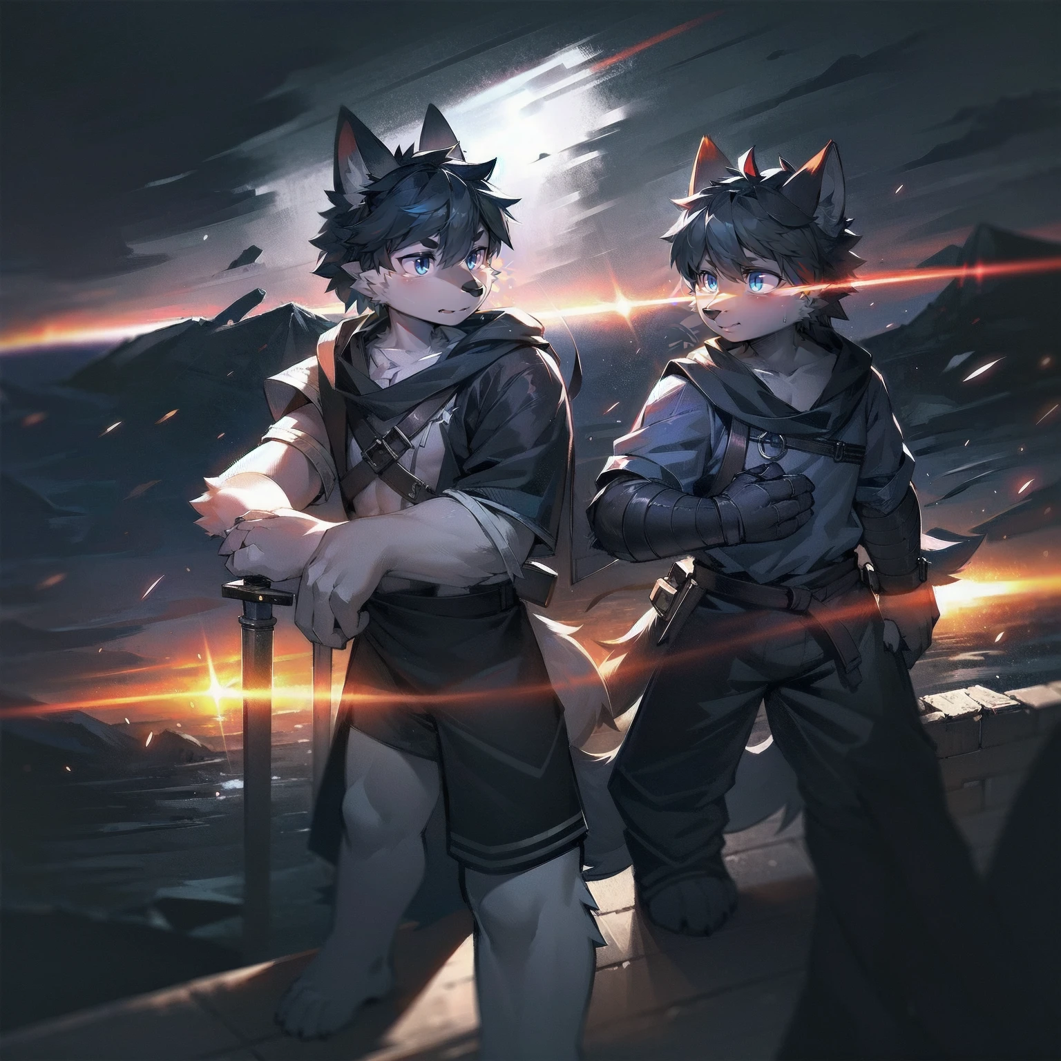 White Wolf，black hair，Sky blue eyes，hairy，Wolf ears，Wolf tail，Full body portrait，The character is in the center of the frame，Handsome，Confident eyes，male，juvenile，Black and white combat uniform，Red neck bib，Black shorts，Short sleeve，hairy arms and legs，Dark background，Dark battlefield，dawn，sunrise，dawn，illumination，shadow，Swordsman，Scabbard and sword，Hold the hilt of a sword in your hand，The scabbard is at the waist，Highest quality