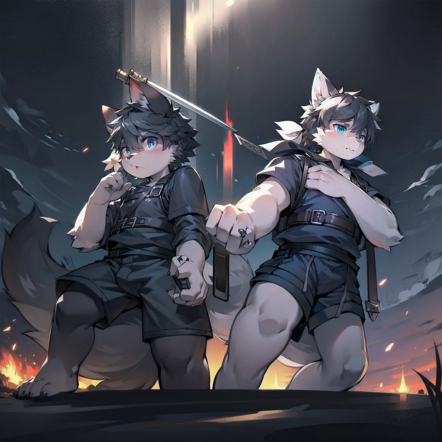 White Wolf，black hair，Sky blue eyes，hairy，Wolf ears，Wolf tail，Full body portrait，The character is in the center of the frame，Handsome，Confident eyes，male，juvenile，Black and white combat uniform，Red neck bib，Black shorts，Short sleeve，hairy arms and legs，Dark background，Dark battlefield，dawn，sunrise，dawn，illumination，shadow，Swordsman，Scabbard and sword，Hold the hilt of a sword in your hand，The scabbard is at the waist，Highest quality