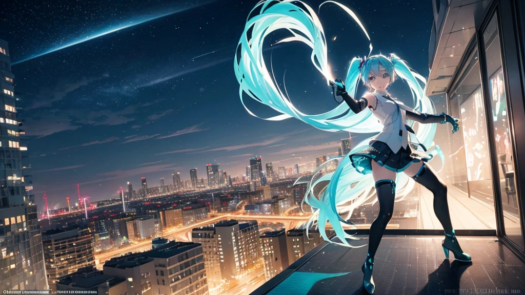 This painting depicts a scene from a city rooftop dance event featuring Hatsune Miku.。With the ht view in the background、She performs energetically on the rooftop。The stage lights illuminated her futuristic outfit.、It blends in with the lights of the surrounding buildings.
