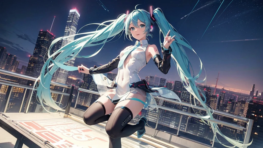 This painting depicts a scene from a city rooftop dance event featuring Hatsune Miku.。With the night view in the background、She performs energetically on the rooftop。The stage lights illuminated her futuristic outfit.、It blends in with the lights of the surrounding buildings.