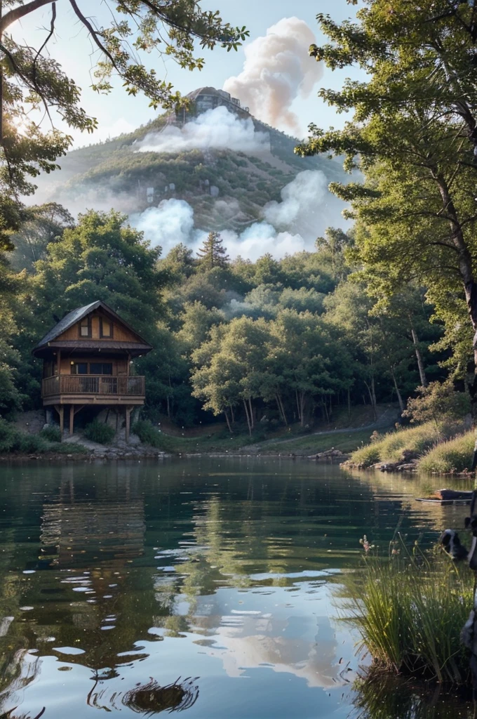 The picture you sent shows a very beautiful and calming natural view. There is a **small hut** which is made of wood on the edge **lake** be calm, with smoke rising from the chimney, shows there is warmth in it. The lake is a bright light blue color, creating a perfect reflection of the cottage and surrounding trees.