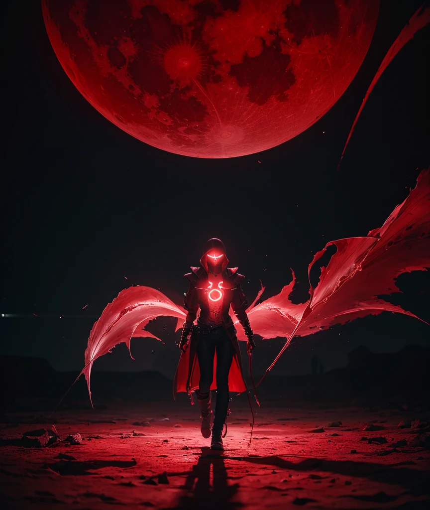A red necromancer, blood Moon, ray tracing, Masterpiece, Best Quality, Ultra quality, absurd details, best light, best shadow, sharp, sharp image, detailed, extremely detailed, great resolution, 8k, 4k, UHD, particle effects, beautiful effects, vivid colors, Neon light, Neon, light,