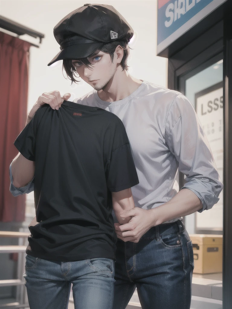 30 year old man ,tired eyes with dark circles ,moreno ,ragged clothes gray shirt ,blue pants ,black hat ,musculoso
