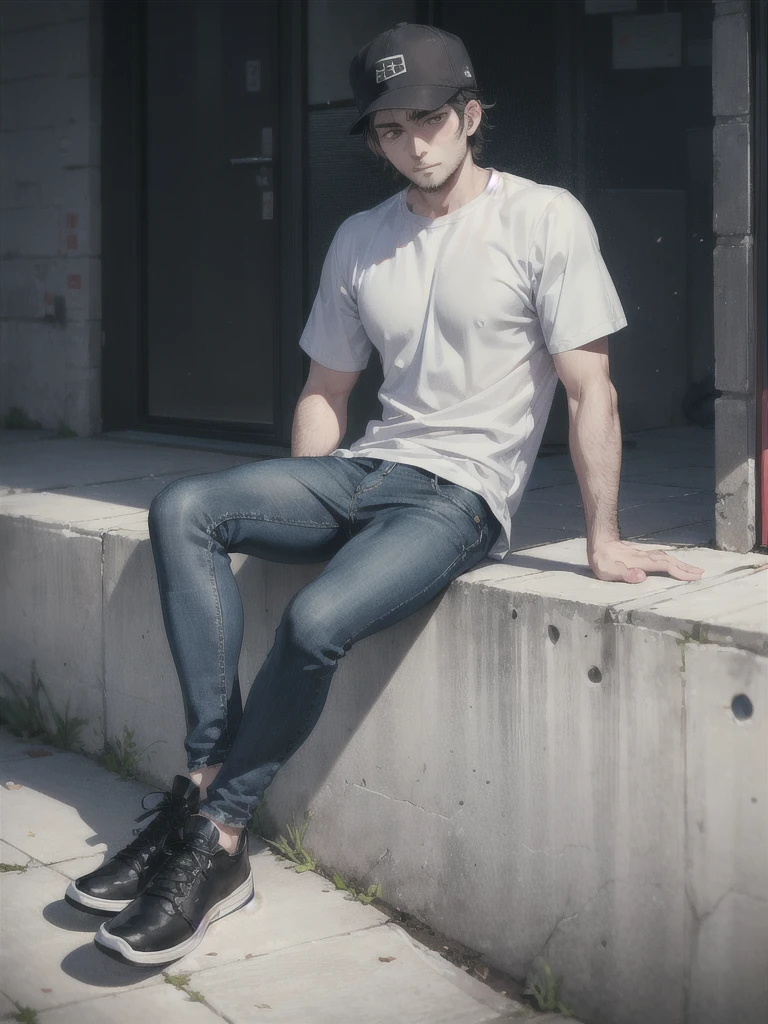 30 year old man ,tired eyes with dark circles  ,moreno ,ragged clothes gray shirt ,blue pants ,black hat ,musculoso