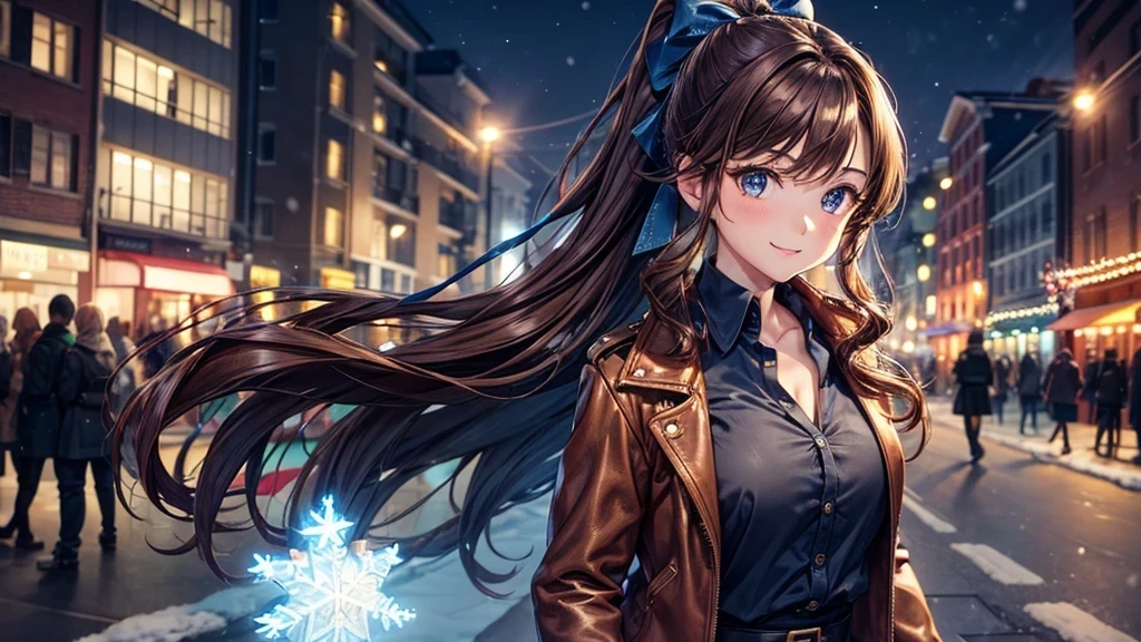 1girl, solo, christmas, ((christmas tree)), street, night, lights, snow, long hair, brown hair, curly hair, ponytail, large full breasts, ((brown leather jacket)), button down shirt, dark blue eyes, ((blue shirt)), ((unbuttoned shirt)), ((long skirt)), smile, ((unbuttoned shirt)), unbuttoning buttons, cleavage 1:3, looking at the viewer, standing, hair ribbon, golden necklate