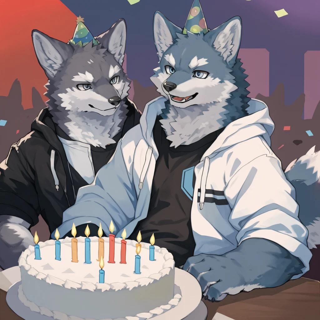 furry,kemono,anthro,
male,
2:3 portrait
Wolf, wolf ears, wolf tail,
Blue fur, light blue eyes,
Button ears, drop ears,
Look at the audience, open your mouth, smile,
clavicle,
techwear, white hoodie, birthday hat,
Birthday cake on the table,
sitting
living room,
Happy birthday in English above the picture