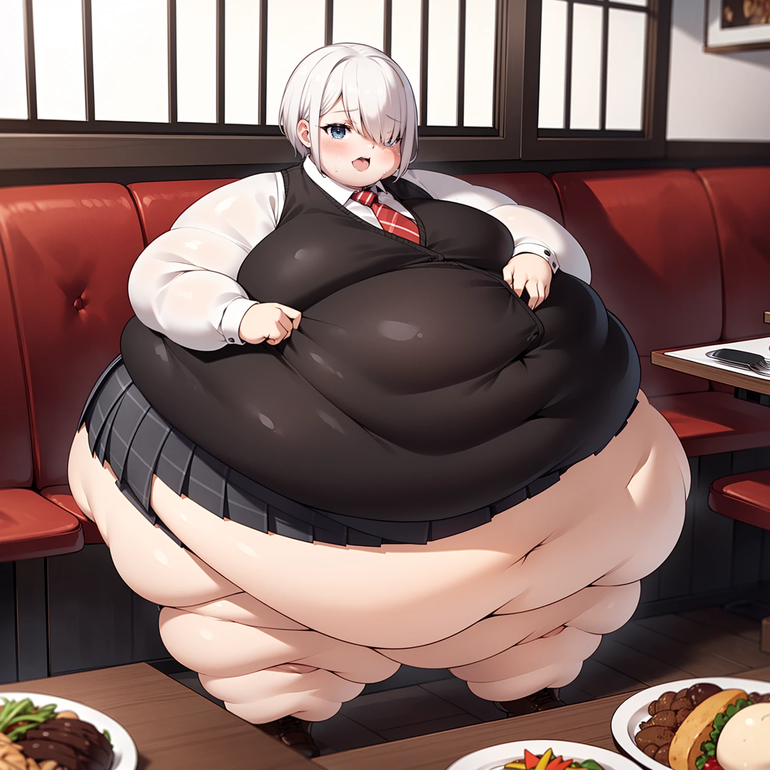 ((())), (((little cutie))), (((short stature))), (((White shirt, vest, vest negro, tie, ((Short skirt)), Masterpiece, 4k ))), ((white hair with fringe covering one eye)), ((chubby)), (((Obese))), ((Fat face)), (((big belly))), (((Open mouth))), fat and wide thighs, belly, (((tender pose ))), (((in a restaurant surrounded by a lot of food))), detailed background, ((full body image)), (((fat rolls))), 