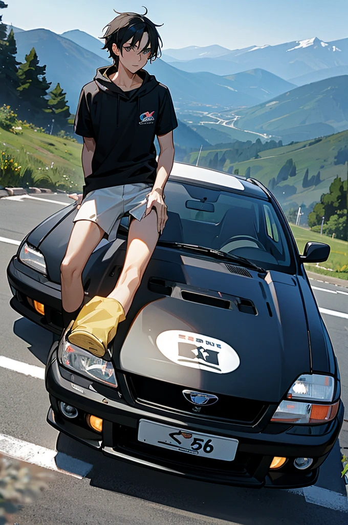 black-haired boy sitting on the hood of his rally subaru impreza wrx gc8 with mountains in the background for wallpaper