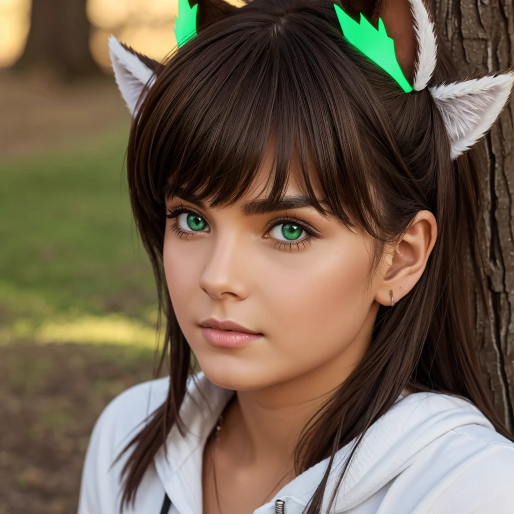 Dark brown hair and green eyes with wolf ears