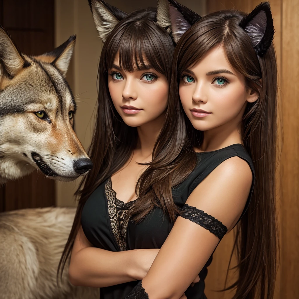 Dark brown hair and green eyes with wolf ears