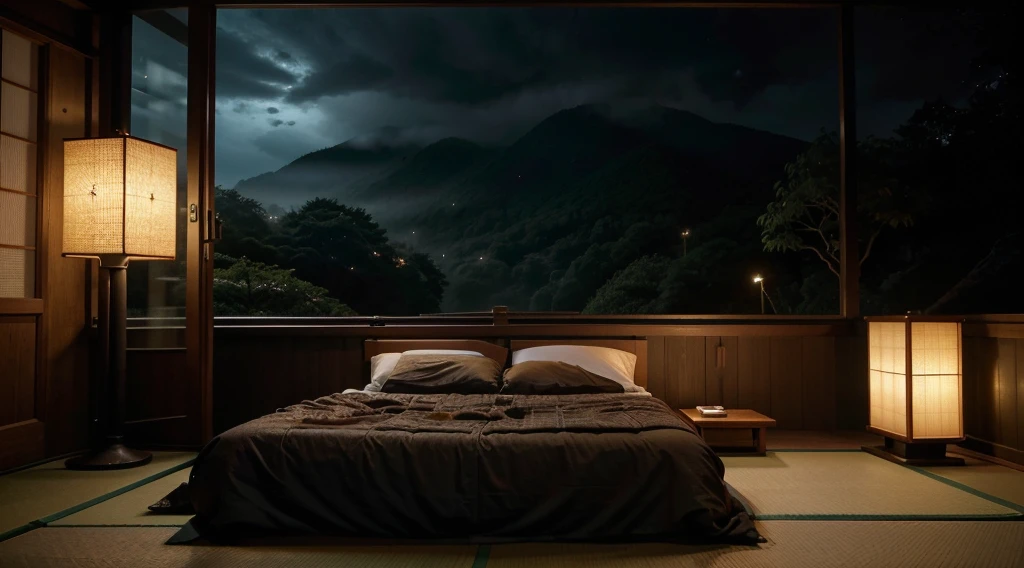 Beyond the bottom bed of the side view screen,the view outside the door is full of screens, and on the front, a cozy bed is close-up on the side. Outdoor scenery that occupies the entire screen A small wooden table under the bed holds a glowing lamp. The warm light contrasts with the cool colors outside.japan , ultra detailed bedroom, There are pots on the table, adding a little green color. It's an outdoor wooden boat wet, heavy fog, wet, deep forest, Beyond the fully open balcony, you can see traditional Japanese houses through dense leaves. Their silhouettes are gently illuminated by the ambient light. Dark and cloudy skies suggest evening or cloudy days. prodigious amounts of information, realistic, HD, clear, high resolution, ultra wide shot, depth of field, bokeh, cinematic atmosphere., Macro photography, close-up, hyper detailed, trending on artstation, sharp focus, studio photo, intricate details, highly detailed, modern japanese bedroom, small rivers, rock, dark night, dark,