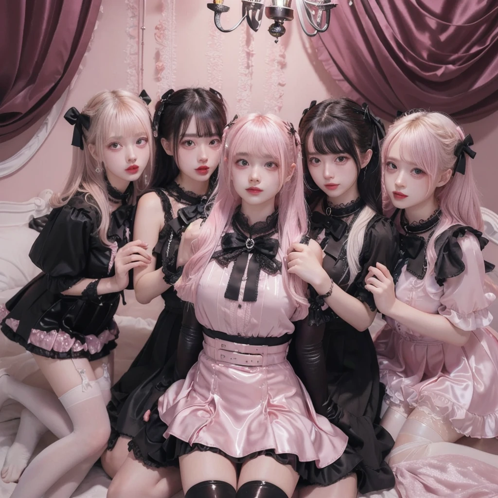 8K resolution, surreal, Super detailed, high quality, perfect anatomy, jammed, (4 girls)++, group shot, grin, smiling, Phenomenally cute, perfect proportion, full body, (((shiny pink satin, shiny pink latex, high neck, jirai fashion, shiny black sailor collar, short dress with many frills, pink Lace, micro mini skirt, bow ribbon)))+, (((bleached hair)))+, ((super large breasts)), sitting on bed, (At the bedroom with Chandelier at late night), ((see-through black thighhighs))+, looking at viewer, wet skin, sweat
