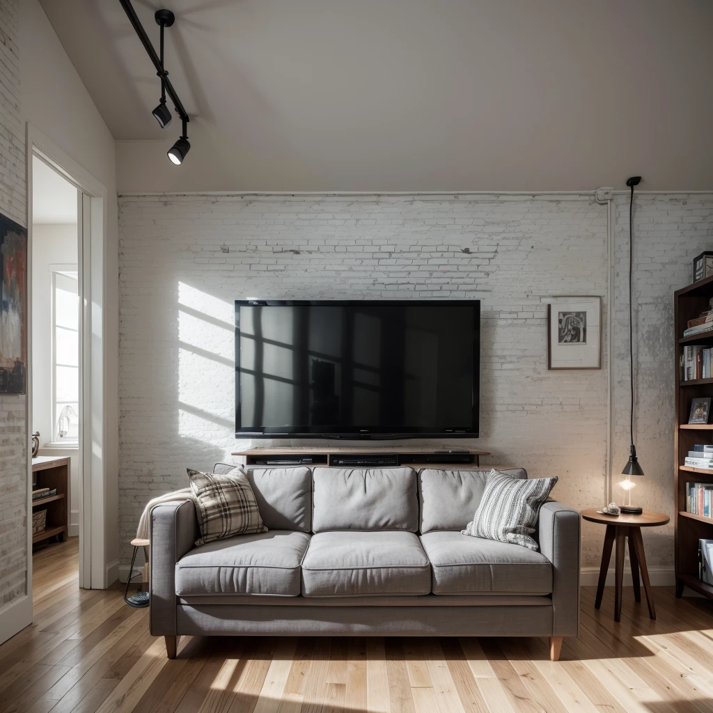 Create a TV room, with TV panel, gray retractable sofa, plaid pillows, exposed brick wall, abstract painting paintings, wood floor, Mattire, white lights, windowless.