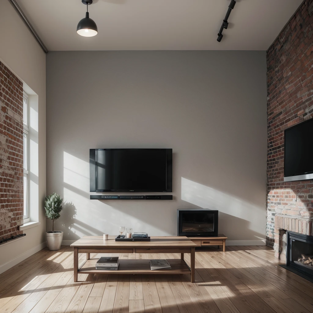 Create a TV room, with TV panel, gray retractable sofa, plaid pillows, exposed brick wall, abstract painting paintings, wood floor, Mattire, white lights, windowless.