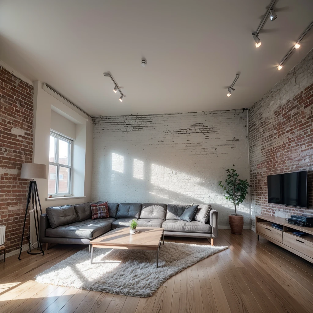 Create a TV room, with TV panel, gray retractable sofa, plaid pillows, exposed brick wall, abstract painting paintings, wood floor, Mattire, white lights, windowless.