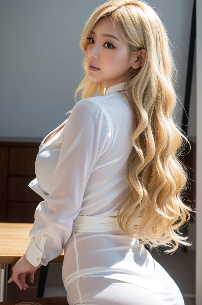 adult curvy woman,blonde wavy hair,25 years old,make up,japanese gyaru,strapped white shirt,from side,