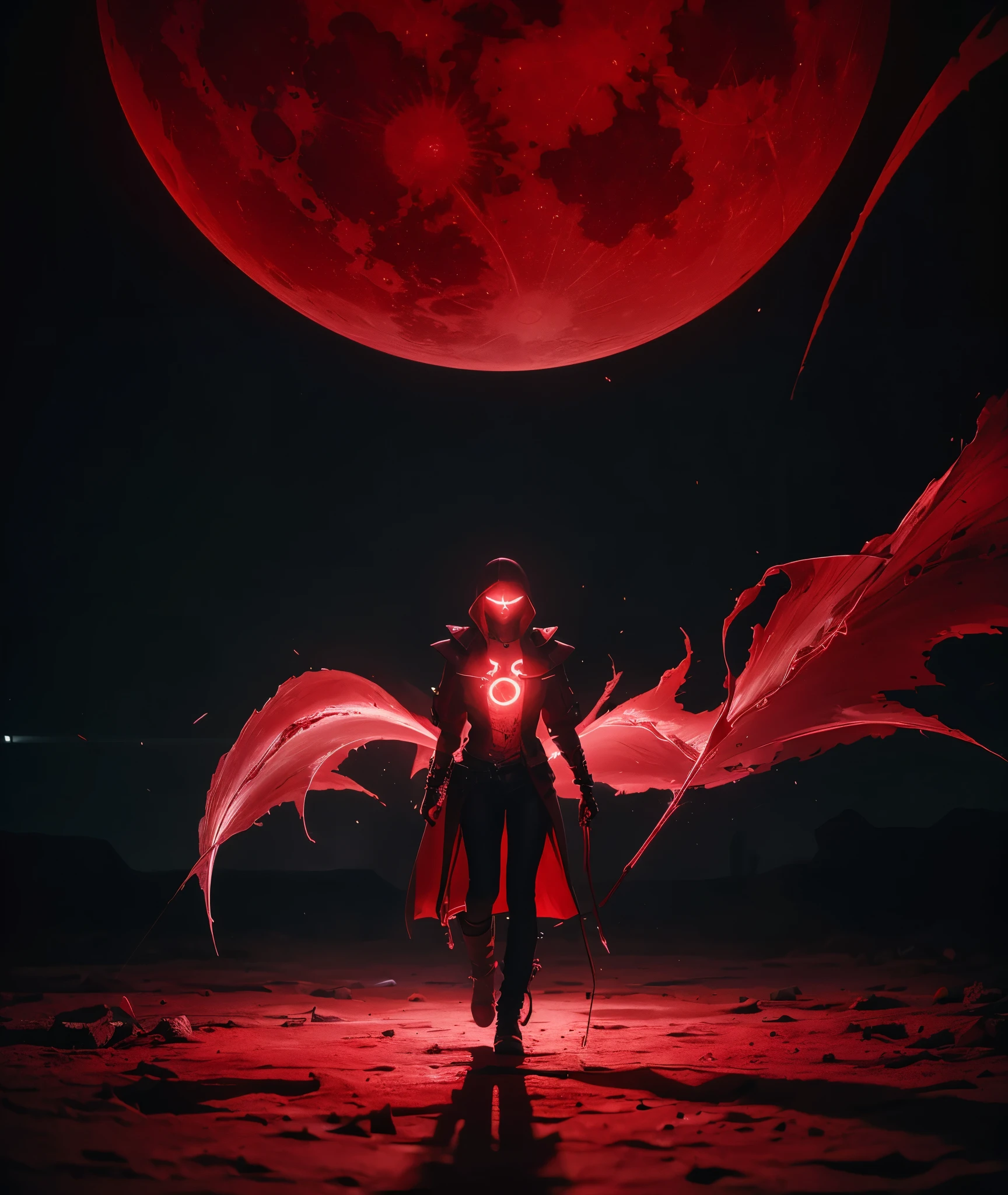 A red necromancer, blood Moon, ray tracing, Masterpiece, Best Quality, Ultra quality, absurd details, best light, best shadow, sharp, sharp image, detailed, extremely detailed, great resolution, 8k, 4k, UHD, particle effects, beautiful effects, vivid colors, Neon light, Neon, light,