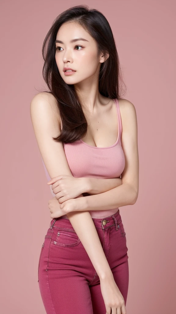 (lifelike, high - resolution:1.3), 1 girl with a perfect body
wrinkles between the eyebrows ,Super fine face and eyes,slong hair,very angry face, fold arms, red high heel, Tank top of pink colors:1.2, very short jeans, nipples, big lim legs , Expose cleavage