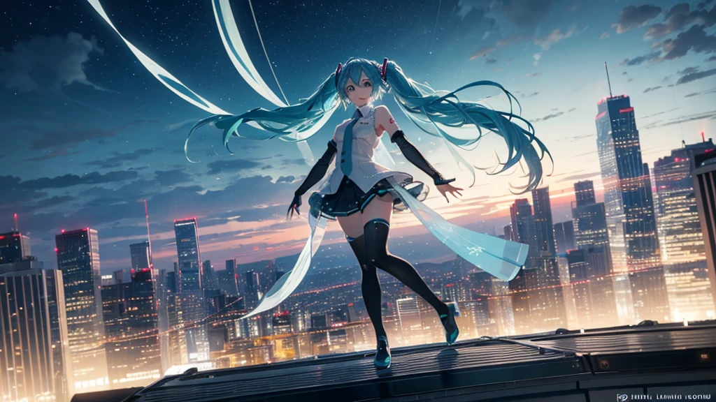 This painting depicts a scene from a city rooftop dance event featuring Hatsune Miku.。With the night view in the background、She performs energetically on the rooftop。The stage lights illuminated her futuristic outfit.、It blends in with the lights of the surrounding buildings.