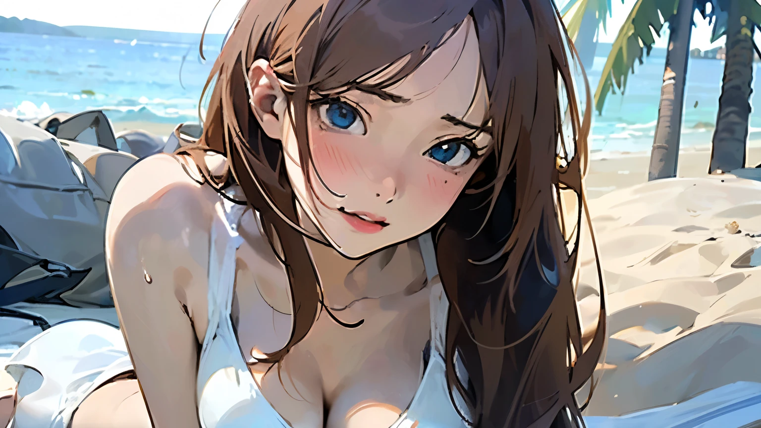(This is a close-up shot of a young anime girl in a bikini on the beach:1.4),(alone:1.4),(One girl:1.4),(Long brown hair:1.3),(blue eyes:1.2),(White bikini top:1.3),(White bikini bottoms:1.2),(belly button:1.1),(Sitting on the beach:1.3),(Palm tree in the background:1.2),(The sea in the background:1.2),(blue sky:1.1), (Detailed face:1.3),(Beautiful attention to detail:1.3),(Slightly parted lips:1.2),(Embarrassed look:1.3),(Blushed:1.2),(Slender body:1.2),(Large Breasts:1.3), (masterpiece:1.2),(Highest quality:1.3),(Ultra-high resolution:1.2),(Realistic:1.1), 、holding a coffee cup in hand