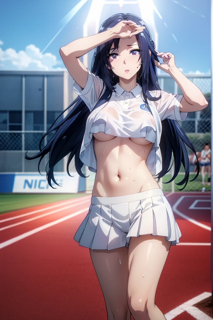 (blue eyes,blue hair,1girl, solo, white polo shirt, white sneakers, tennis wear, white miniskirt, masterpiece, best quality, realistic, hyper-detailed, (shiny skin, sweaty:1.2), absurd, looking at viewer, short red hair, red eyes, slender, dynamic lighting, high resolution, sharp focus, depth of field, detailed eyes, sharp pupils, realistic pupils, , (thick thighs:1.0), outdoor, sky
