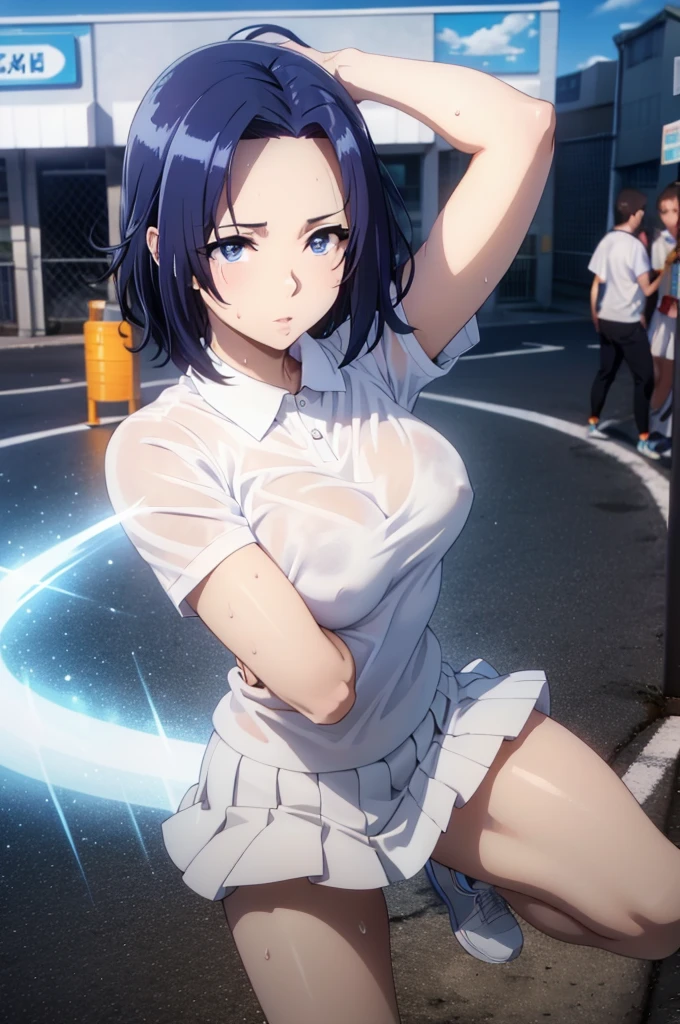 (blue eyes,blue hair,1girl, solo, white polo shirt, white sneakers, tennis wear, white miniskirt, masterpiece, best quality, realistic, hyper-detailed, (shiny skin, sweaty:1.2), absurd, looking at viewer, short red hair, red eyes, slender, dynamic lighting, high resolution, sharp focus, depth of field, detailed eyes, sharp pupils, realistic pupils, , (thick thighs:1.0), outdoor, sky