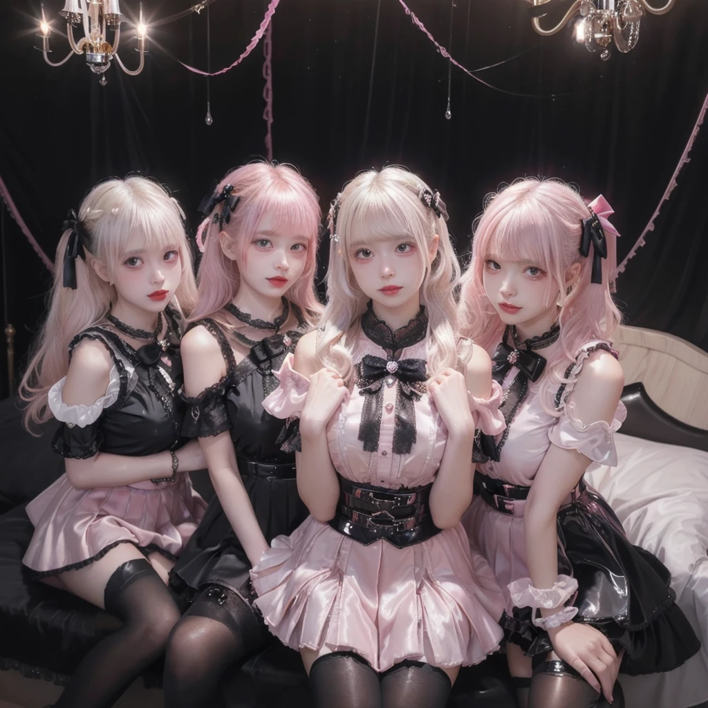 8K resolution, surreal, Super detailed, high quality, perfect anatomy, jammed, (4 girls)++, group shot, grin, smiling, Phenomenally cute, perfect proportion, full body, (((shiny pink satin, shiny pink latex, high neck, jirai fashion, shiny black sailor collar, short dress with many frills, pink Lace, micro mini skirt, bow ribbon)))+, (((bleached hair)))+, ((super large breasts)), sitting on bed, (At the bedroom with Chandelier at late night), ((see-through black thighhighs))+, looking at viewer, wet skin, sweat