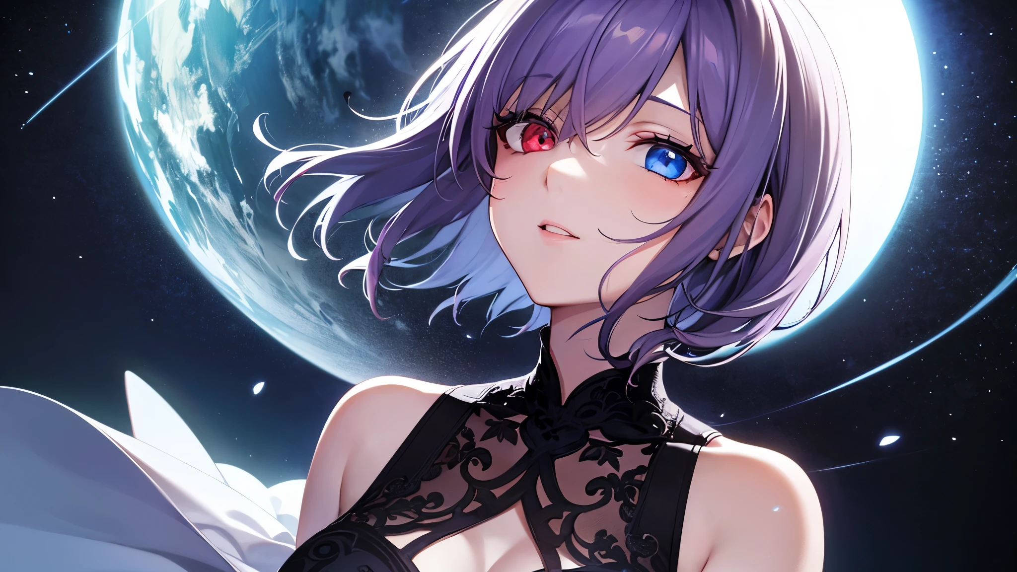 Highest quality, 8K, 4K, High resolution, (Beautifully detailed face), High Contrast,The upper body is visible,1girl,only,short hair,purple hair,heterochromia(red eyes,blue eyes),Upper Eye,Large Breasts,night,Black dress