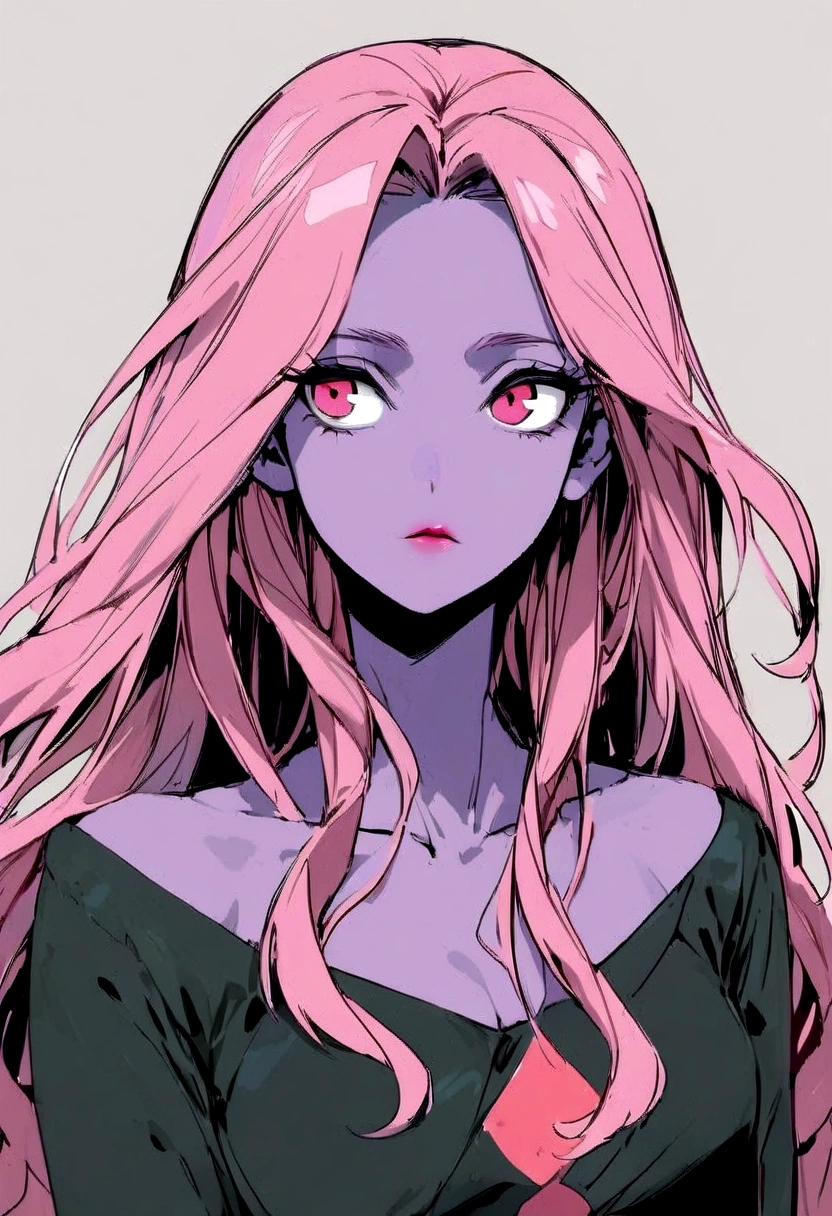 Woman with long hair, pink skin and pink hair