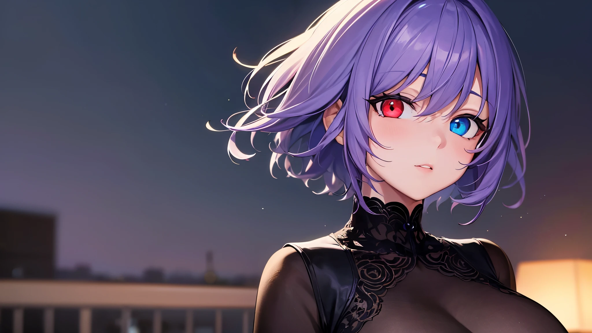 Highest quality, 8K, 4K, High resolution, (Beautifully detailed face), High Contrast,The upper body is visible,1girl,only,short hair,purple hair,heterochromia(red eyes,blue eyes),Upper Eye,Large Breasts,night,Black dress