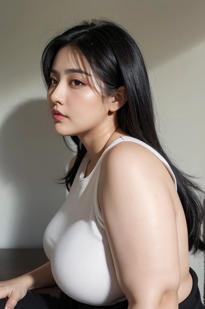 adult plump woman,dark black hair,27 years old,make up,(fair skin,thick upperarms:1.4),close up,crewneck white shirt,from side, sleeveless