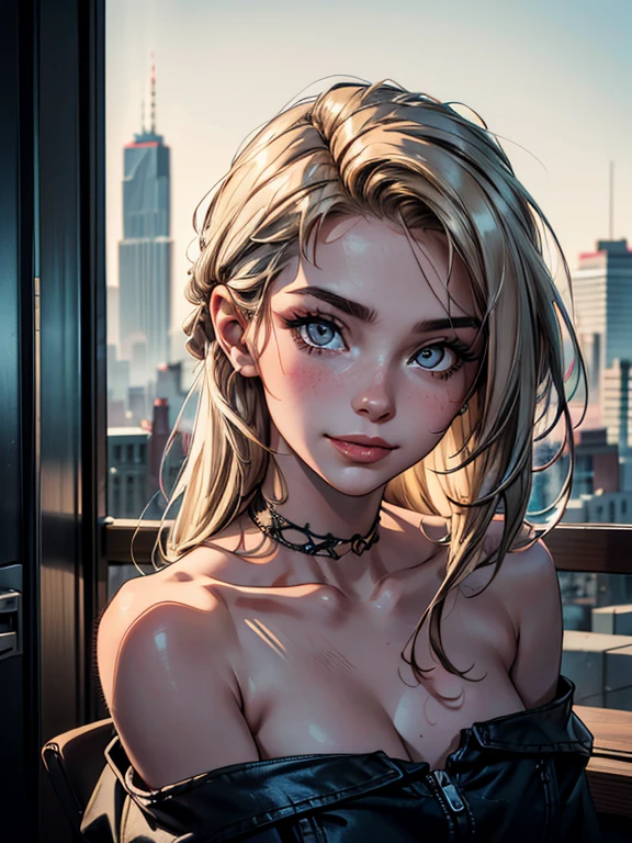 portrait of Olivia Dunne, epic ( hard light, sony a7, 50 mm, matte skin, pores, colors, hyperdetailed), smirk, sultry look, seductive, detailed modern day city in background, casual dress, low-cut neckline, bare shoulders