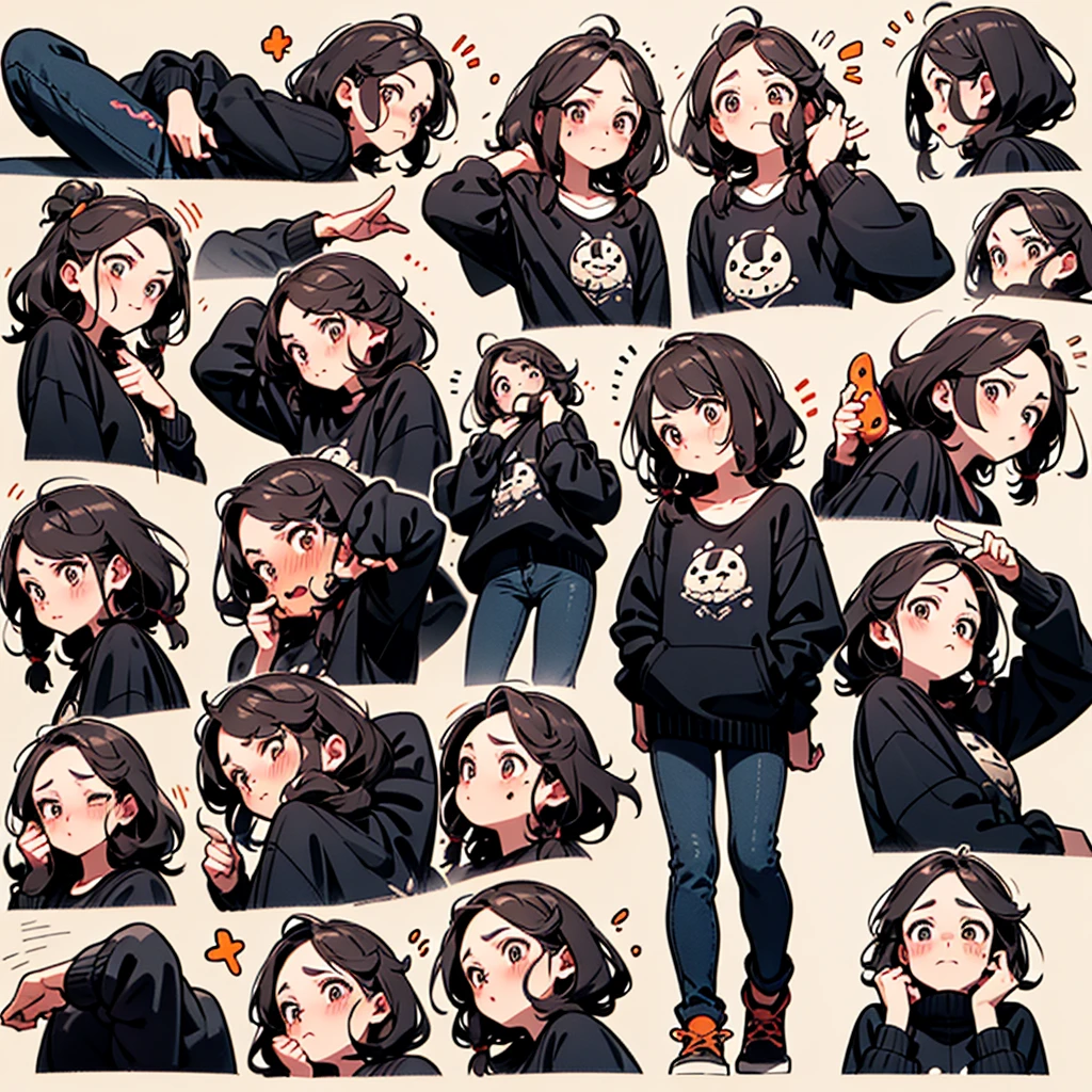 T-Shirts, jeans, Cute girl avatar,Emoji Pack,Small devil,(9 Emojis,Emoji Sheet,Align the layout),9 poses and expressions(sorrow,surprise,Have fun,excited,LOL,anger,Doubt,I touch your head,Selling Moe, hang on),Anthropomorphic style, Black Line,A variety of emotions,9 poses and expressions,8K
